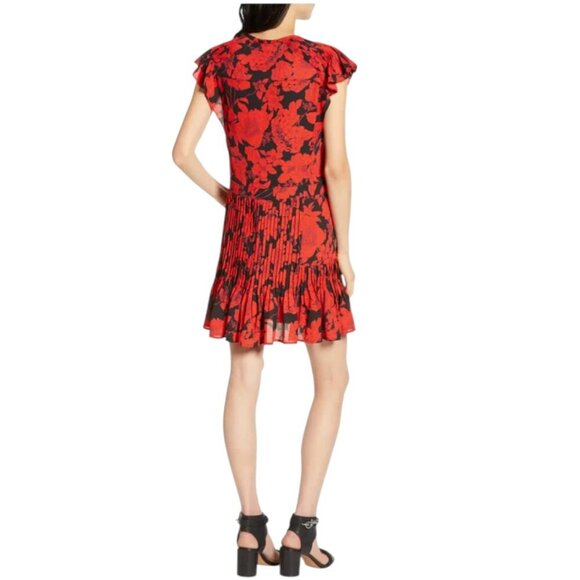 Rebecca Minkoff Mini Dress Large Red Flutter Sleeve Floral Pleated Ruffle Sz S - Picture 4 of 13